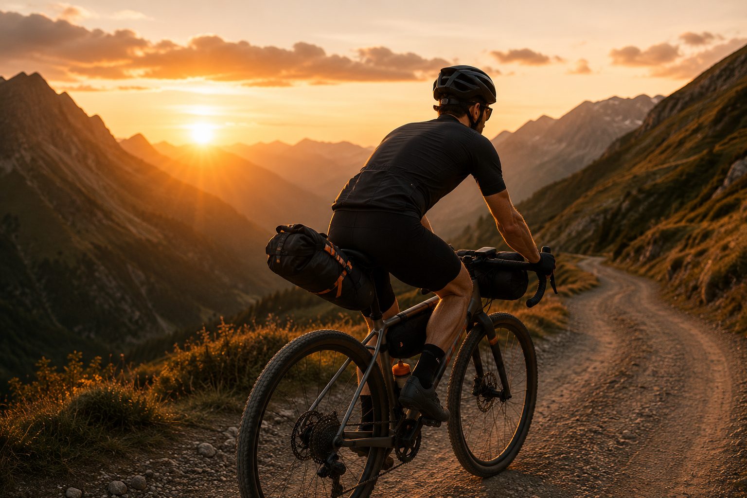 Gravel biker riding up a mountain trail at sunset